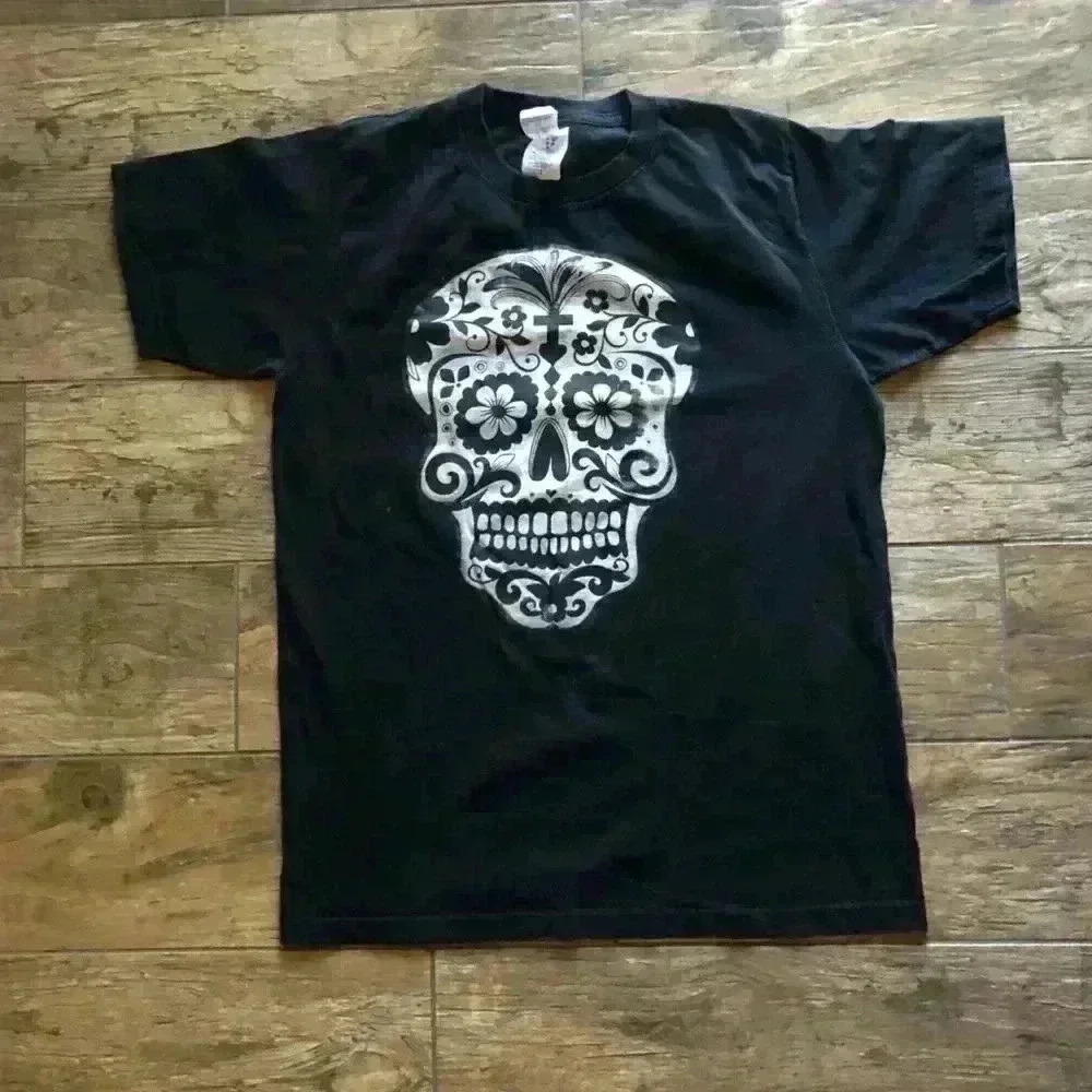 SUGAR SKULL MENS BLACK WHITE T-SHIRT MEDIUM
